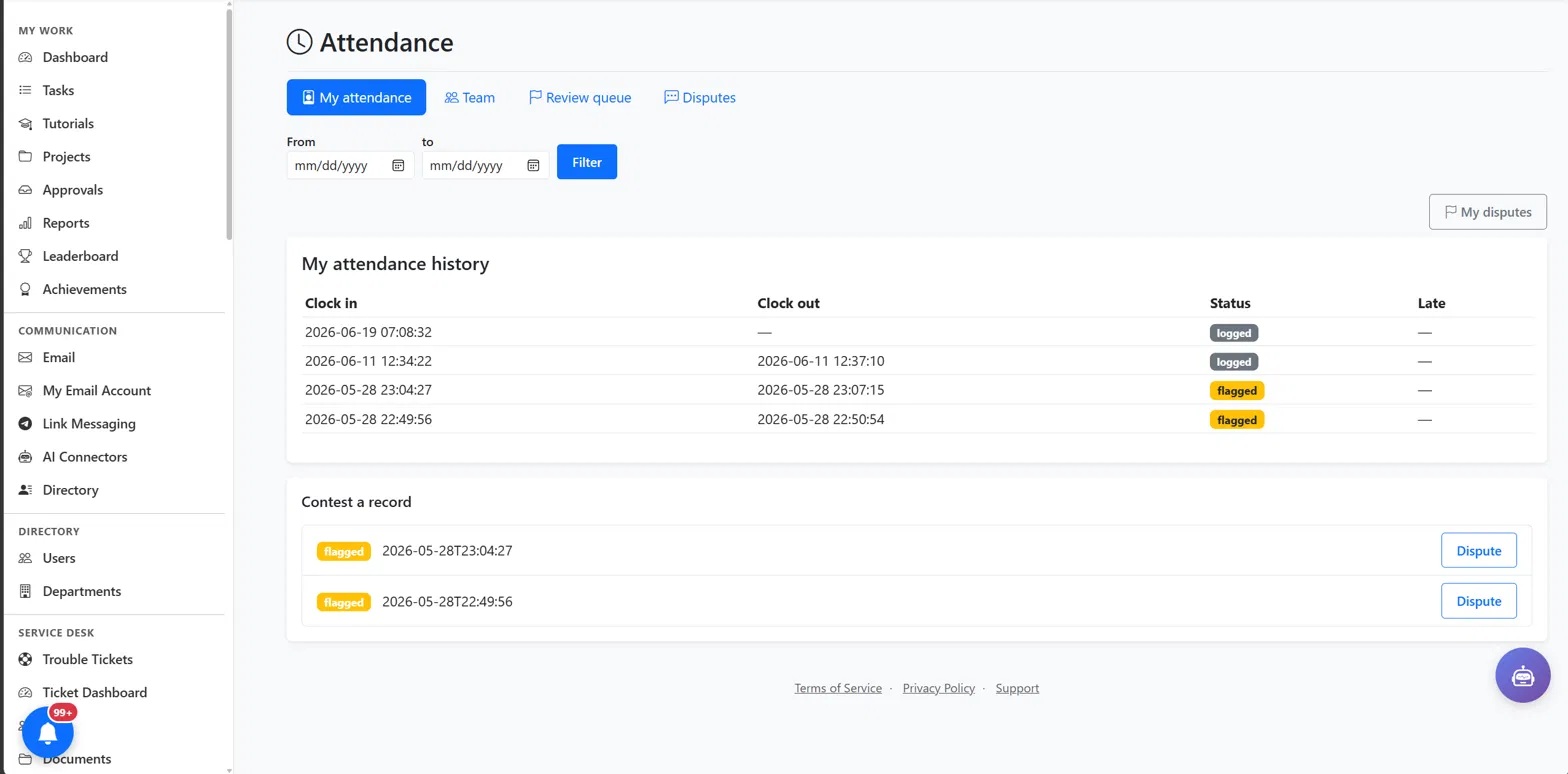 WellOps attendance history with flagged records and a dispute workflow